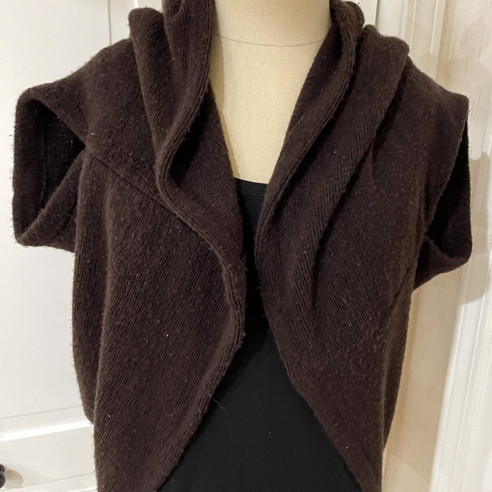 Look Womens Open Front Shrug Brown Sleeveless Sweater Shawl Collar Cardigan OS